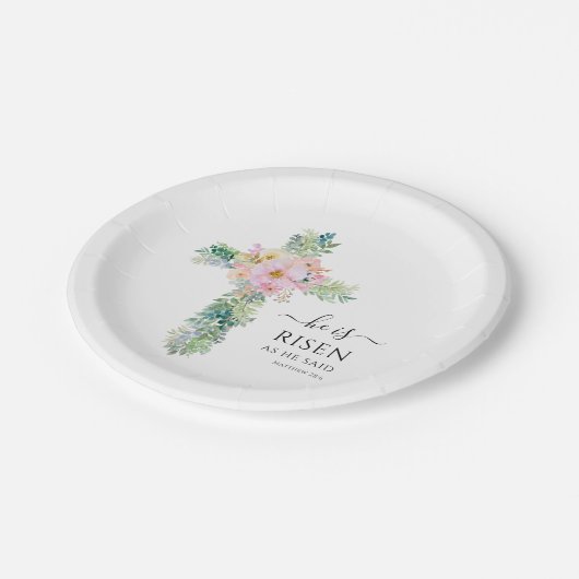 Hij is Risen Greenery Waterverf Cross Easter Papieren Bordje (Gekanteld)