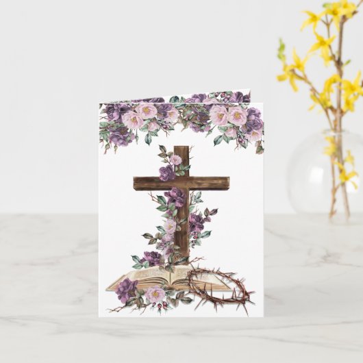 Hij is Risen | Kruis met bijbel Pasen Kaart (Gele Bloem)