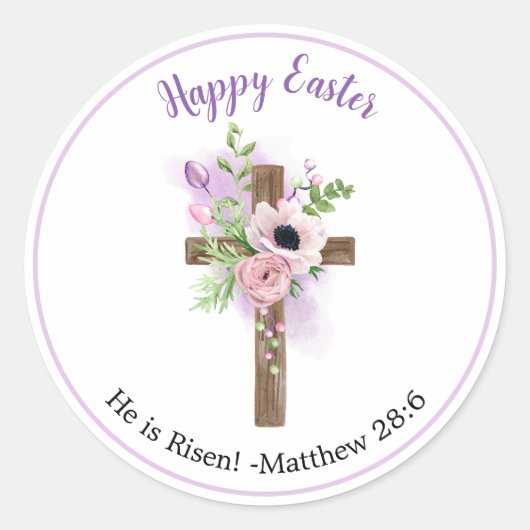 Hij is Risen - Paarse bloemenkruis Pasen Stickers (Voorkant)