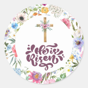 Hij is Risen   Pasen van Floral   Religie Ronde Sticker