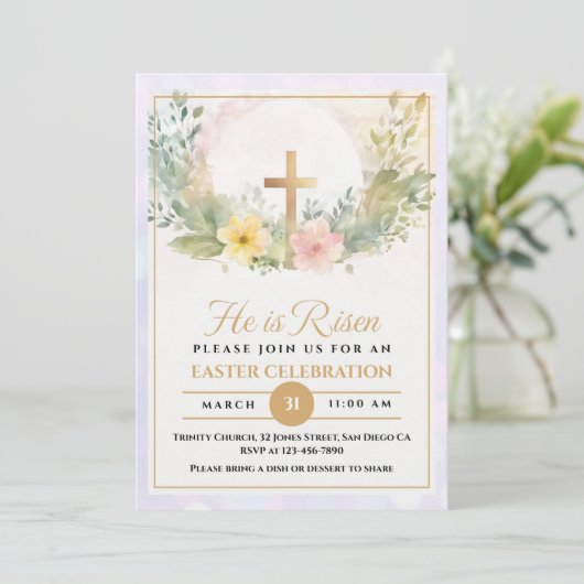 Hij is Risen Religious Easter waterverf Floral Aankondiging (Staand voorkant)