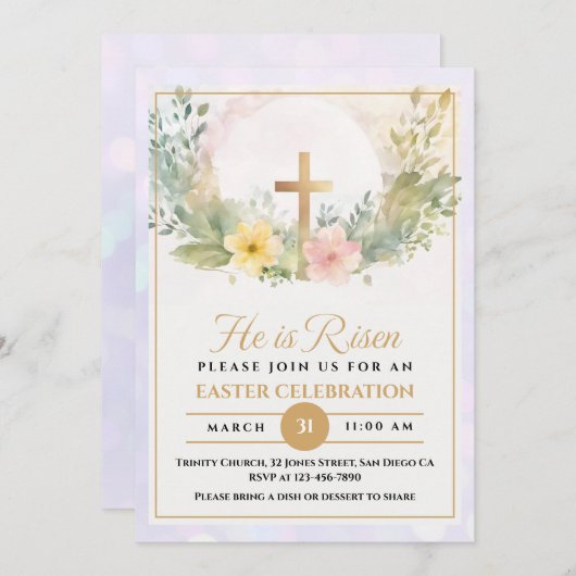 Hij is Risen Religious Easter waterverf Floral Aankondiging (Voorkant / Achterkant)