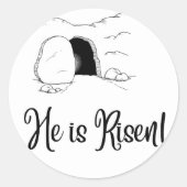 Hij is Risen. Ronde Sticker (Voorkant)