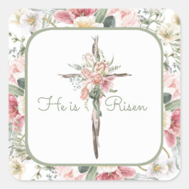 Hij is Risen Spring Floral Cross Vierkante Sticker