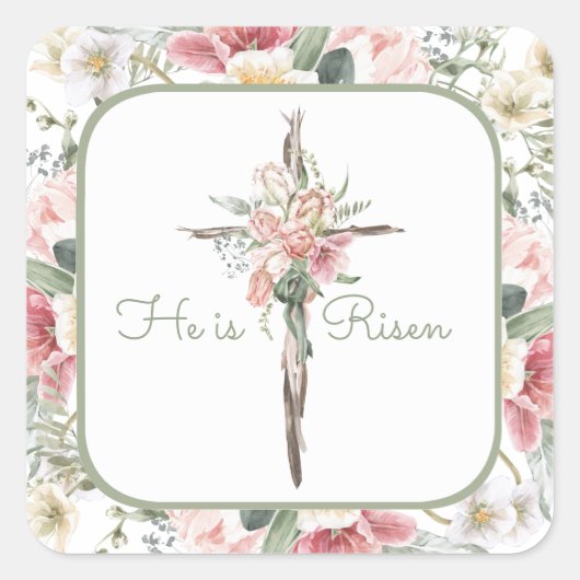 Hij is Risen Spring Floral Cross Vierkante Sticker (Voorkant)