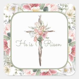 Hij is Risen Spring Floral Cross Vierkante Sticker