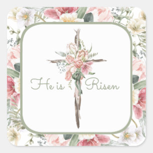 Hij is Risen Spring Floral Cross Vierkante Sticker