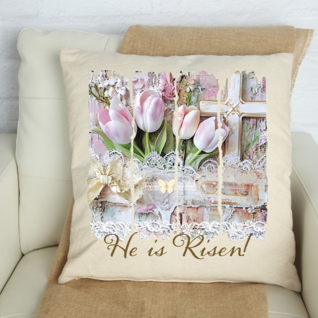 Hij is Risen Tulip Cross Christelijke  vrouwen Kussen (Creator heeft geüpload)