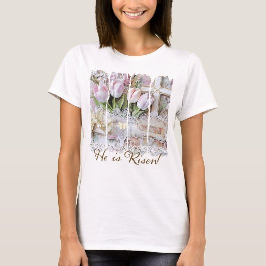 Hij is Risen Tulip Cross Christelijke vrouwen T-shirt (Voorkant)