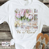 Hij is Risen Tulip Cross Christelijke vrouwen T-shirt