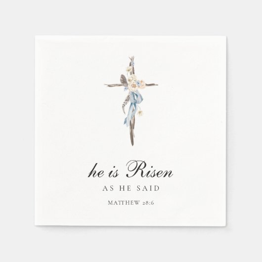 Hij is Risen | Waterverf Blue Cross Pasen Napkins Servet (Voorkant)