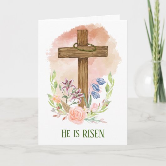 Hij is Risen Wooden Floral Cross Easter Kaart (Voorkant)
