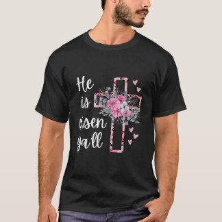 Hij is Risen Yall Cheetah Cross Christelijke Faith T-shirt