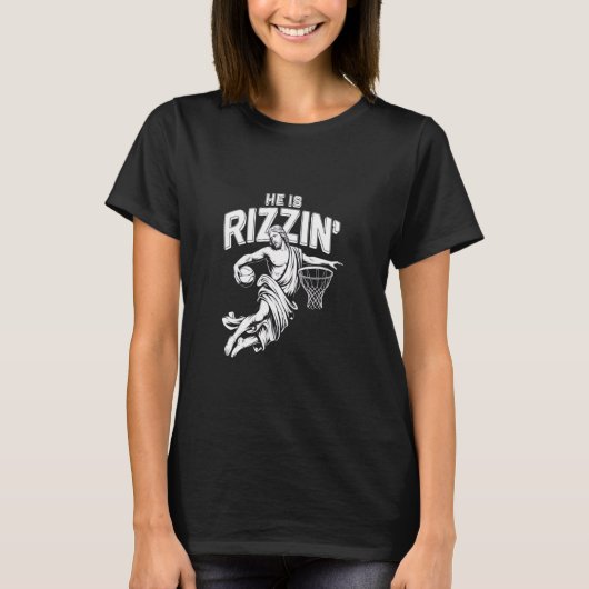 Hij is Rizzin' basketbal Jesus Fun Graphic T-shirt (Voorkant)