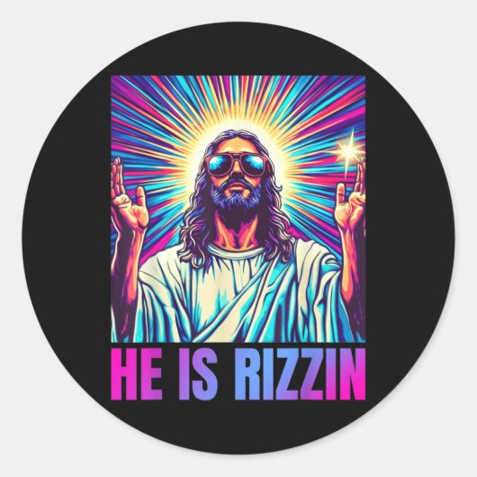 Hij is Rizzin Funny Jesus Meme Christelijke Mannen Ronde Sticker (Voorkant)