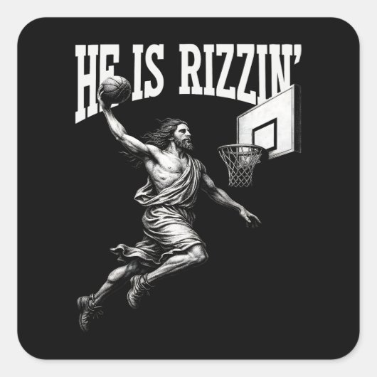Hij is Rizzin Grappig Jezus Basketbal Paasdag Vierkante Sticker (Voorkant)