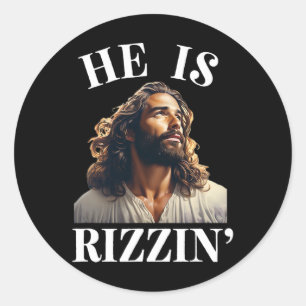 Hij is Rizzin - Grappig Jezus Christelijk Pasen Ge Ronde Sticker