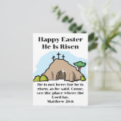Hij is verrezen 3 kruisen leeg graf Cartoon Pasen Feestdagenkaart (Staand voorkant)