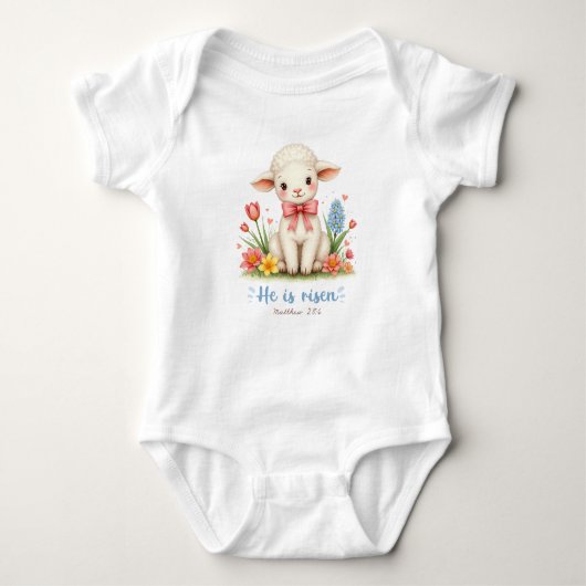 Hij is verrezen, Bijbelvers, Religieus Pasen Baby Romper (Voorkant)