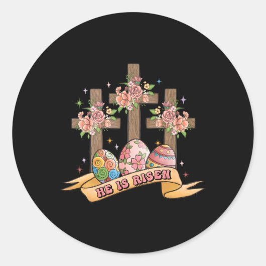 Hij is verrezen Bloemenkruis Gelukkige Paasdag 202 Ronde Sticker (Voorkant)