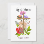 Hij is verrezen, bloemenkruis van hout, Religieus Feestdagenkaart (Voorkant)