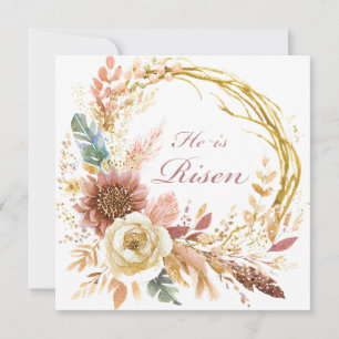 Hij is verrezen boho bloemenkrans Pasen Feestdagenkaart
