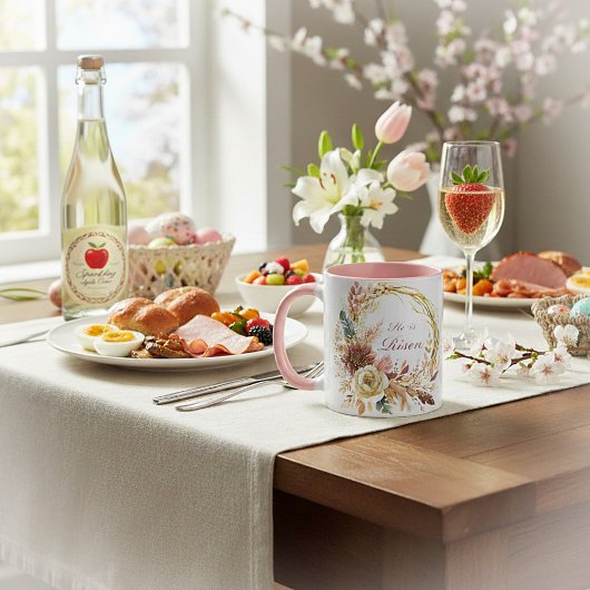 Hij is verrezen boho bloemenkrans Pasen Mok