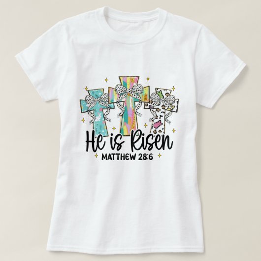 Hij is verrezen Christelijk Paasbijbelvers T-shirt (Design voorkant)