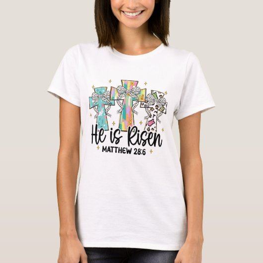 Hij is verrezen Christelijk Paasbijbelvers T-shirt (Voorkant)