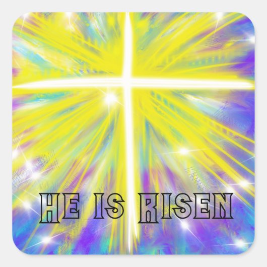 Hij is verrezen Christelijk Paaskruis Vierkante Sticker (Voorkant)