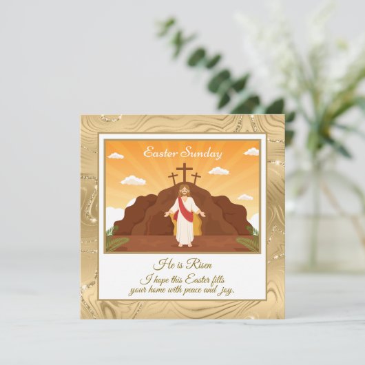 Hij is verrezen" Gelukkig Pasen -  religieus Feestdagenkaart (Staand voorkant)