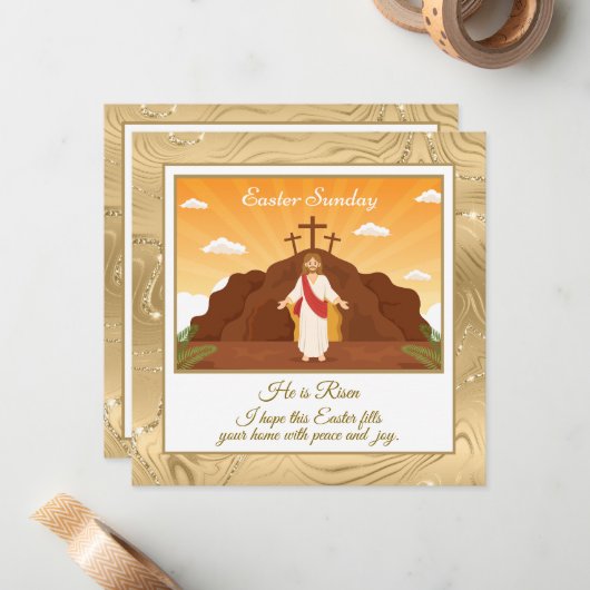 Hij is verrezen" Gelukkig Pasen -  religieus Notitiekaartje (Voorkant / Achterkant in situ)