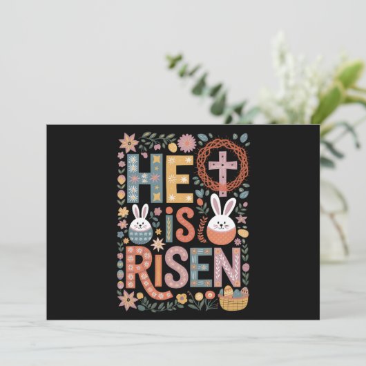 Hij is verrezen Jesus Floral Schattige paashaas Kaart (Staand voorkant)