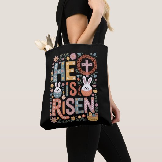 Hij is verrezen Jezus bloemig cute paashaas konijn Tote Bag (Dichtbij)