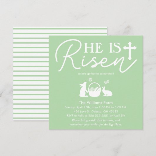 Hij is verrezen Lichtgroene Pasen Uitnodiging (Voorkant / Achterkant)