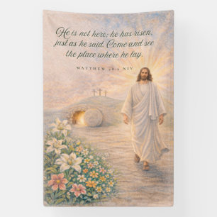 Hij is verrezen – Mattheüs 28:6 Bijbelvers - Pasen Spandoek