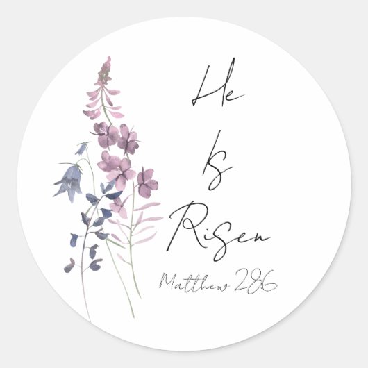 Hij is verrezen Paarse Floral Script Religious Eas Ronde Sticker (Voorkant)
