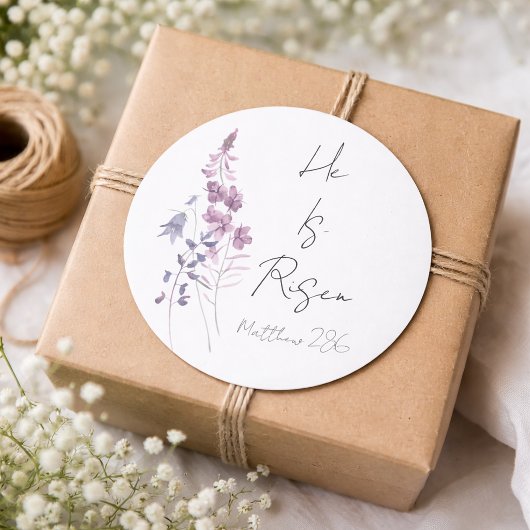 Hij is verrezen Paarse Floral Script Religious Eas Ronde Sticker
