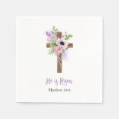 Hij is verrezen Paarse Mooie Bloemenkruis Pasen Servet (Voorkant)
