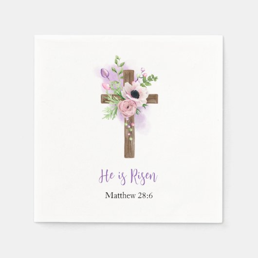 Hij is verrezen Paarse Mooie Bloemenkruis Pasen Servet (Voorkant)