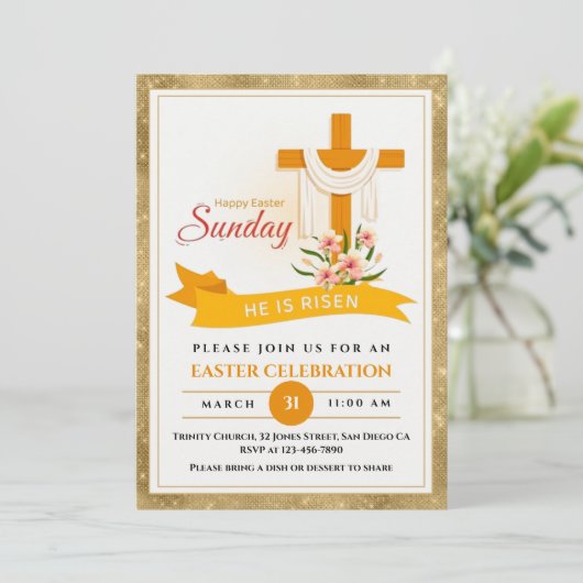 Hij is verrezen Paaskruis, bloemen, elegante Pasen Aankondiging (Staand voorkant)