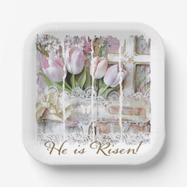 Hij is verrezen paastulpenkruis Christelijke Vinta Papieren Bordje