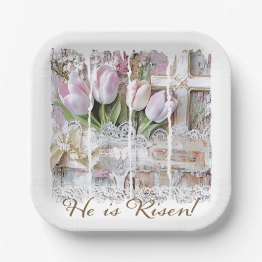 Hij is verrezen paastulpenkruis Christelijke Vinta Papieren Bordje (Voorkant)