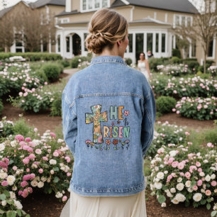 Hij is verrezen Pasen Floral Jesus Cross Denim Jacket