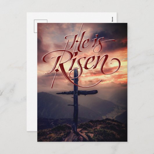 Hij is verrezen Pasen Script Cross Feestdagenkaart (Voorkant / Achterkant)