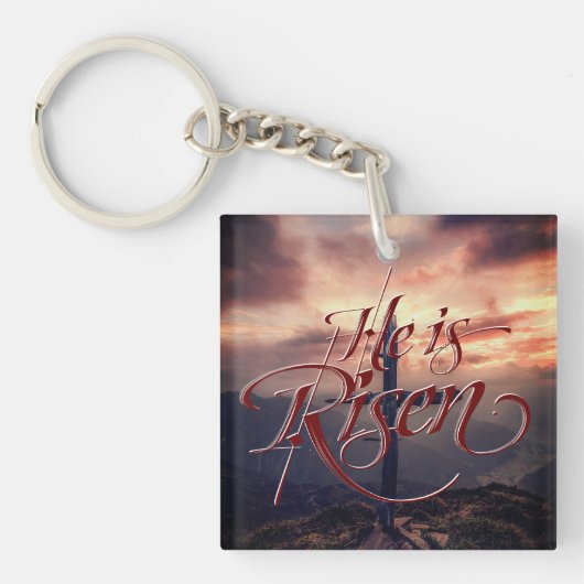 Hij is verrezen Pasen Script Cross Sleutelhanger (Voorkant)