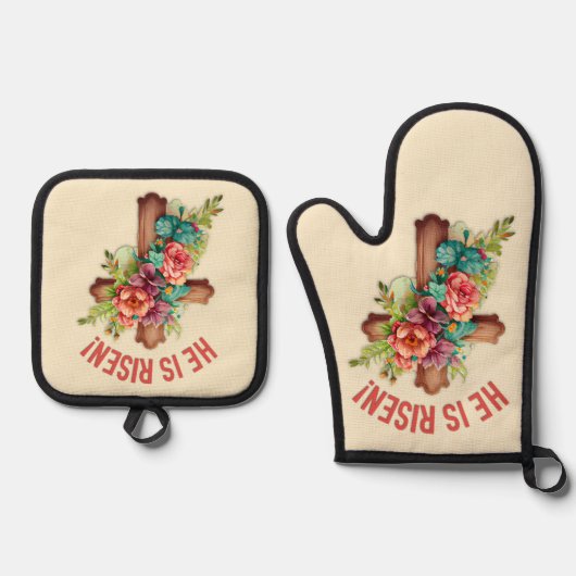 Hij is verrezen Pasen Waterverf Bloemenkruis Ovenwant & Pannenlap Set (Voorkant)