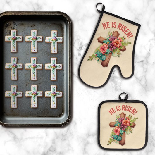 Hij is verrezen Pasen Waterverf Bloemenkruis Ovenwant & Pannenlap Set