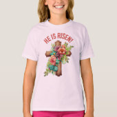 Hij is verrezen Pasen Waterverf Bloemenkruis T-shirt (Voorkant)