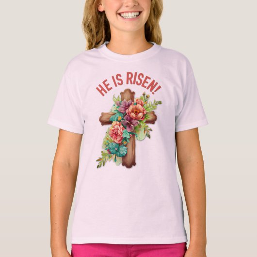 Hij is verrezen Pasen Waterverf Bloemenkruis T-shirt (Voorkant)